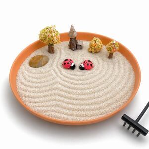 Miniature Zen Garden with Ladybug Figurines, Fairy Cottage, and Flowering Trees